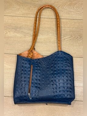 Italian Genuine Leather Croc Embossed Tote Bag Blue Cognac Shoulder Purse